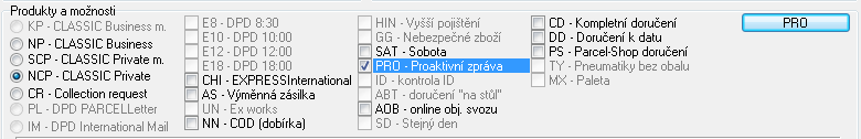 V části Produkty a možnosti volíte druh balíku, resp. službu.