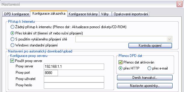 2.3.2 Nastavení sítě V Nastavení, na záložce Konfigurace zákazníka, je nutné nastavit datové spojení mezi programem a servery DPD.