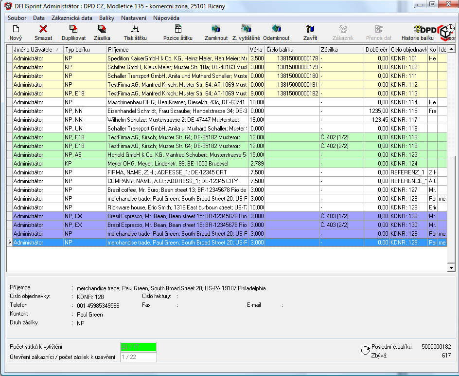 3 Použití DELISprintu 3.1 Zobrazení a úprava dat Hlavní okno programu zobrazuje aktuálně zadávané balíky ve formě tabulky.