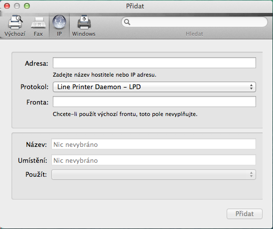 Systém Mac OS pro produkt EX/i Print Server 46 1 Klikněte na ikonu IP v dialogovém okně Přidat.