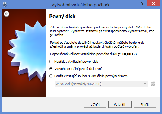 4.a. Zadáme název (doporučujeme WinXP) a vybereme typ a verzi operačního systému (viz obrázek). Postoupíme k dalšímu nastavení tlačítkem Další. 4.b. Zadáme velikost paměti pro virtuální počítač (doporučujeme 1024 MB při fyzické paměti počítače do 4 GB, lépe ale 2048 MB při fyzické paměti nad 4 GB).