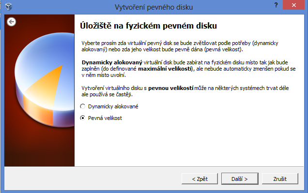 4.d. Vybereme typ pevného disku (volbou VDI dle obrázku). Postoupíme k dalšímu nastavení tlačítkem Další. 4.e. Vybereme typ úložiště pevného disku (volbou Pevná velikost).