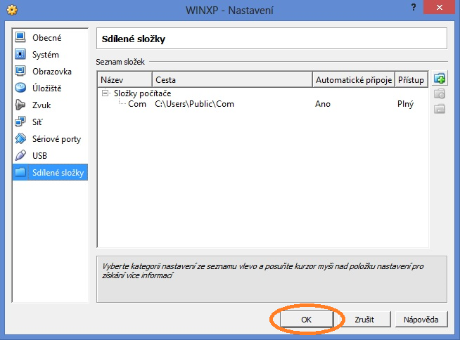 11. Ve volbě Sdílené složky přidáme pomocí tlačítka (vpravo) ty složky fyzického počítače, které chceme používat ve virtuálním počítači společně s fyzickým počítačem.