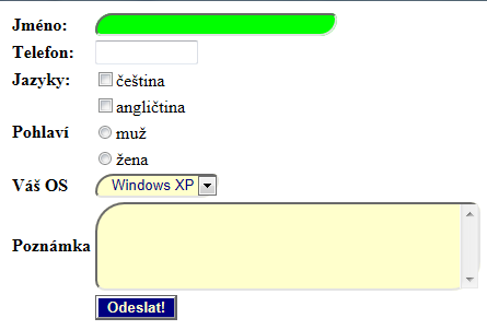 - 72 - Odesílací tlačítko (posílá i souřadnice kliknutí) <input type="image" name="obr" src="obrazek.jpg"> Odesílací tlačítko <input type="submit" value="odeslat!