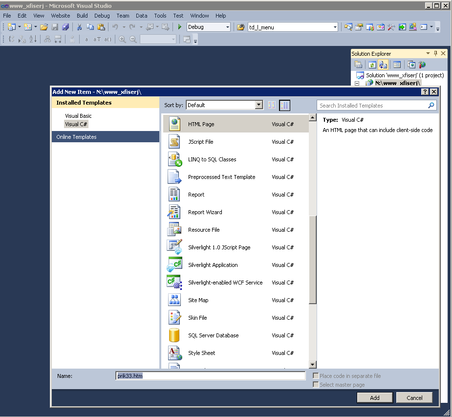 Add New Item -->Installed Template volba Visual C#, HTML