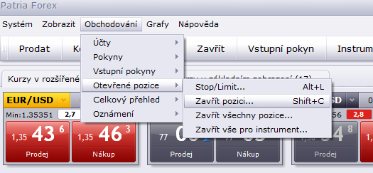 Následně se zobrazí okno pro zavření pozice: 3. Klikněte levým tlačítkem na položku horního menu Obchodování, zvolte možnost Otevřené pozice a poté Zavřít pozici.... 4.