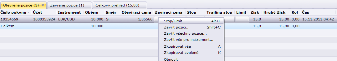 Po kliknutí levým tlačítkem na sloupec Stop nebo Limit v okně otevřené pozice se objeví okno Pokyn Stop/limit.