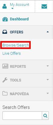 1. Jak umístit reklamní prvek Umístění reklamního prvku na Váš web 1. Přihlásíte se do administrace sítě na admin.eretail.cz 2. V levém menu v záložce offers kliknete na Browse/Search viz obrázek č.