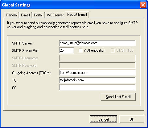 Report Email Global settings Nastavení odchozího emailového serveru (SMTP), a adresátů, jimž bude HWg-PDMS zasílat reporty.