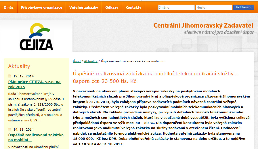 krajbezkorupce.cz, tak i ve Věstníku veřejných zakázek. 5.2 WWW.CEJIZA.CZ Podstatou webových stránek www.cejiza.