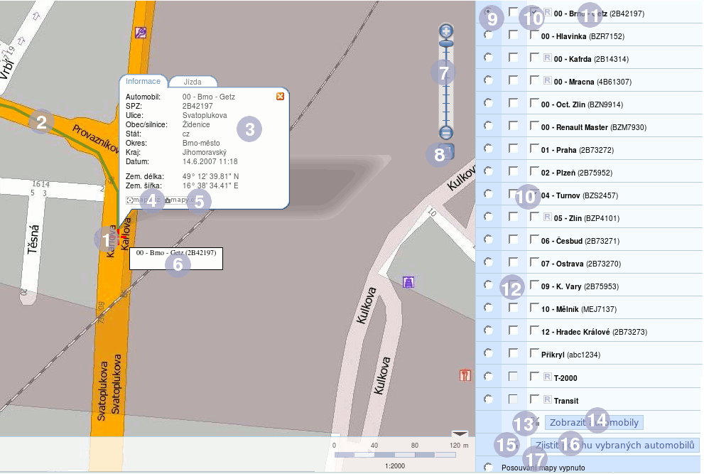 4.2.22. REALTIME sledování vozidel 1. Ikona sledovaného automobilu. Určuje poslední známou polohu automobilu. 2.