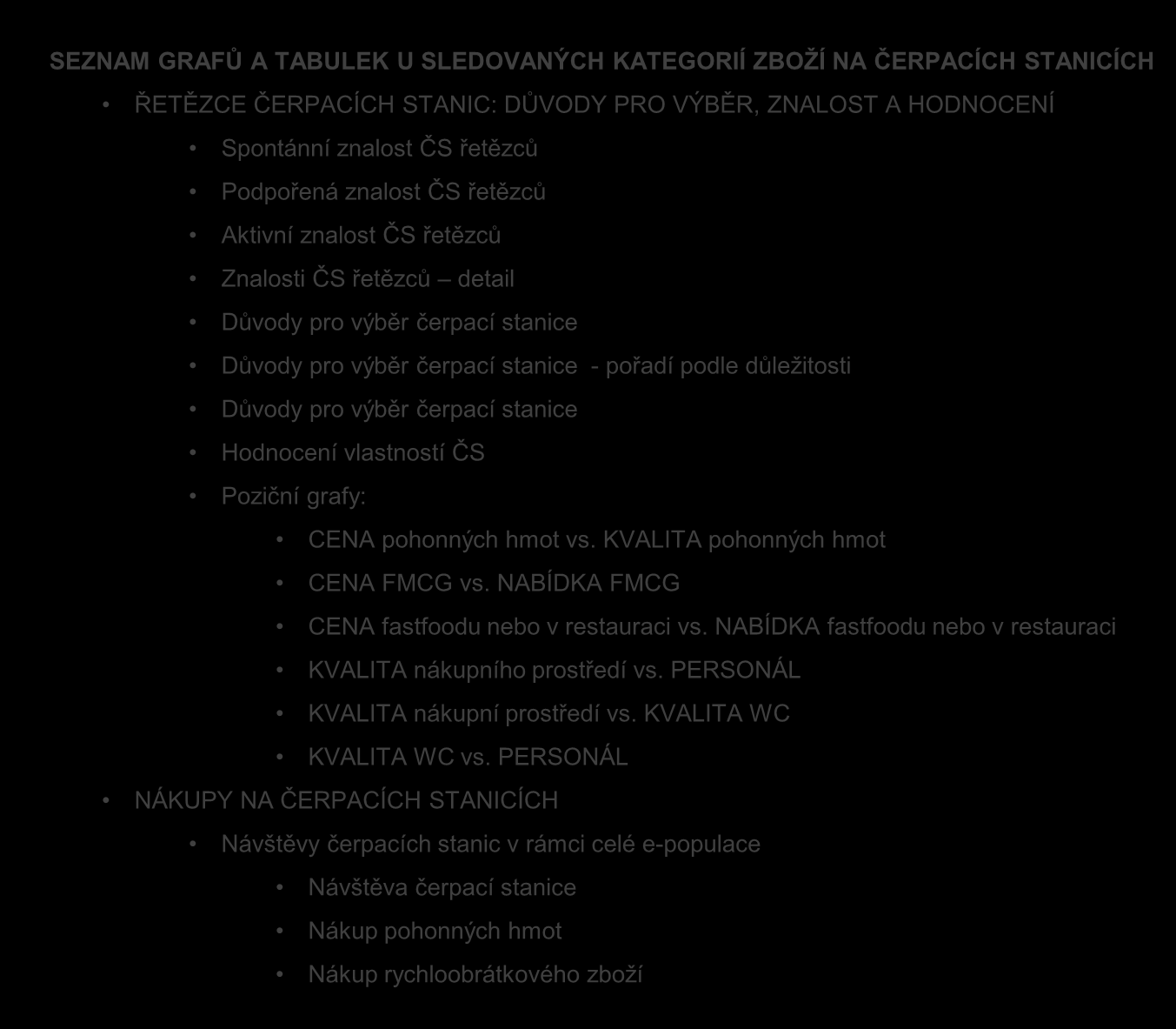 1 CELKOVÝ PŘEHLED SEZNAM GRAFŮ A TABULEK U SLEDOVANÝCH KATEGORIÍ ZBOŽÍ NA ČERPACÍCH STANICÍCH ŘETĚZCE ČERPACÍCH STANIC: DŮVODY PRO VÝBĚR, ZNALOST A HODNOCENÍ Spontánní znalost ČS řetězců Podpořená