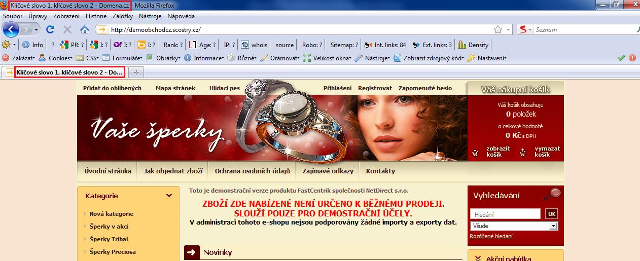 Klíčová slova a identifikátor internetového obchodu je třeba srozumitelně oddělit. Nejčastěji je používána pomlčka ( - ) nebo svislé lomítko ( ).