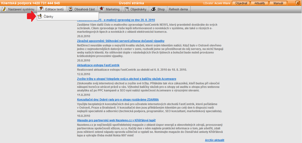 U systému FastCentrik je možné tyto články vytvářet a editovat v části Editace textů pod volbou Články. Poté se otevře okno, kde je možné tyto články editovat nebo také vytvářet nové.