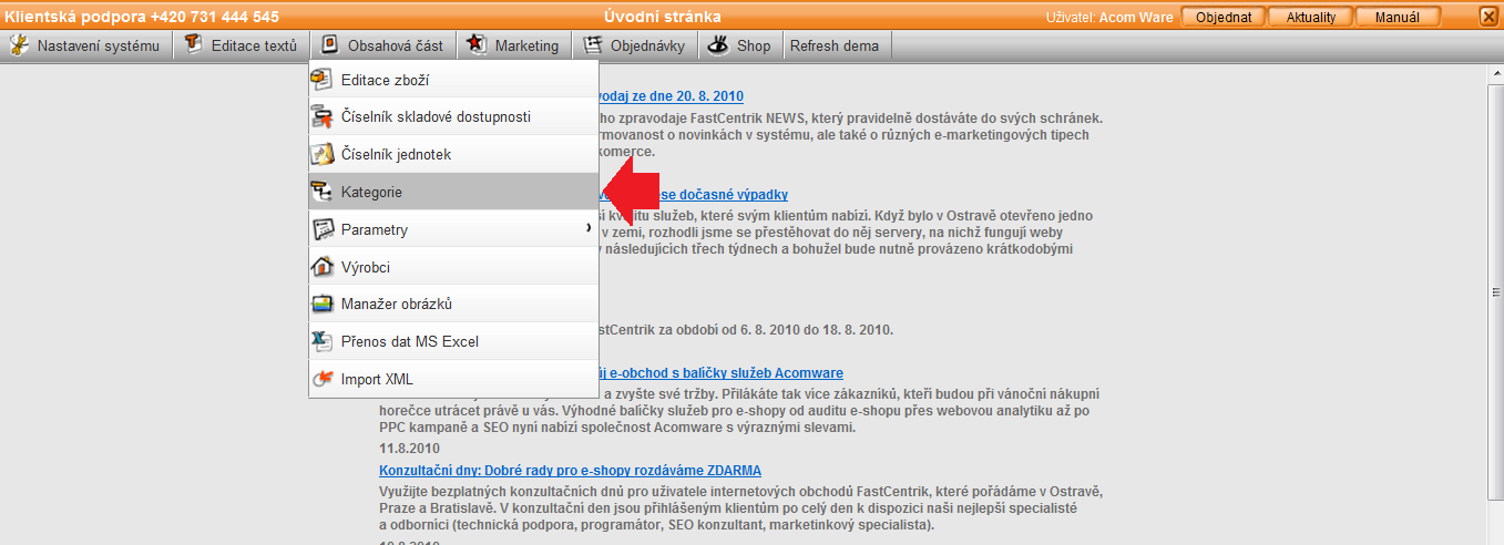 Okno administrace s volbou Obsahová část -> Kategorie Pro vkládání textů je třeba nejprve zvolit odemčení dané kategorie, díky čemuž se nebude text přenášet z Vašeho ekonomického systému, ale budete
