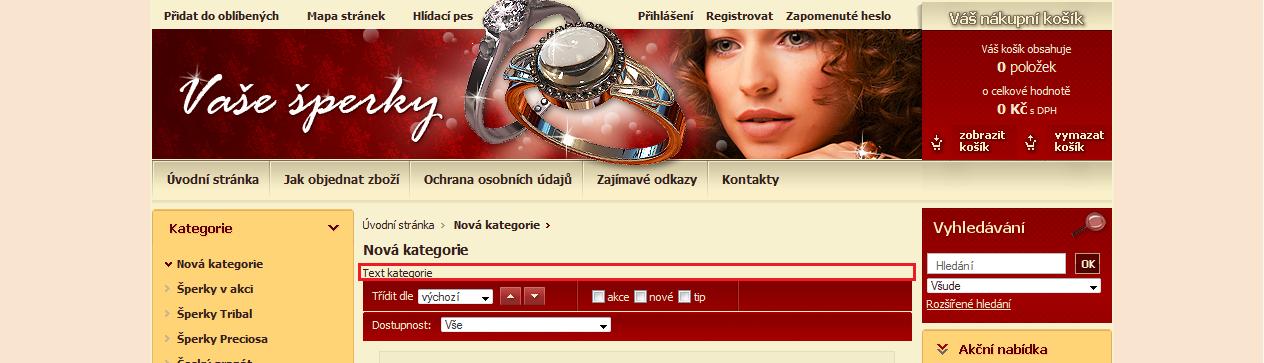 Okno administrace kategorie a příklad doplnění textu kategorie Po uložení se tento text objeví přímo v kategorii na internetovém obchodě.