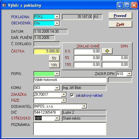 69 1.16.5 Uložení hotovosti Tato funkce umožňuje realizovat uložení peněz do pokladny.