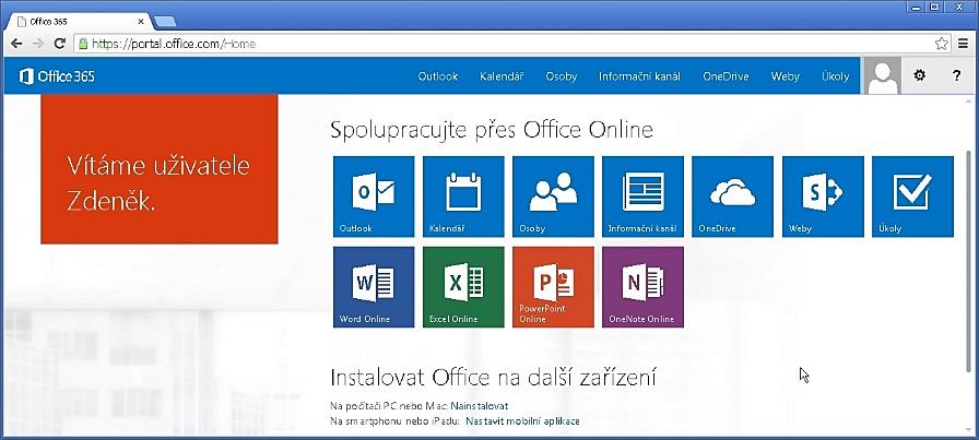 Dokončení nastavení služeb Microsoft Office Online Znovu se přihlas do systému Office 365 v internetovém prohlížeči, nyní už se zobrazí pouze volba "Spolupracujte přes Office Online" a "Instalovat