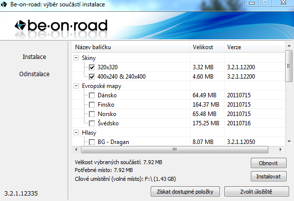 Součásti nutné pro funkčnost navigace be-on-road budou vybrány automaticky. Vyberte ostatní položky jako mapy, další hlasy, skiny a lokalizace a klikněte na tlačítko Instalovat.