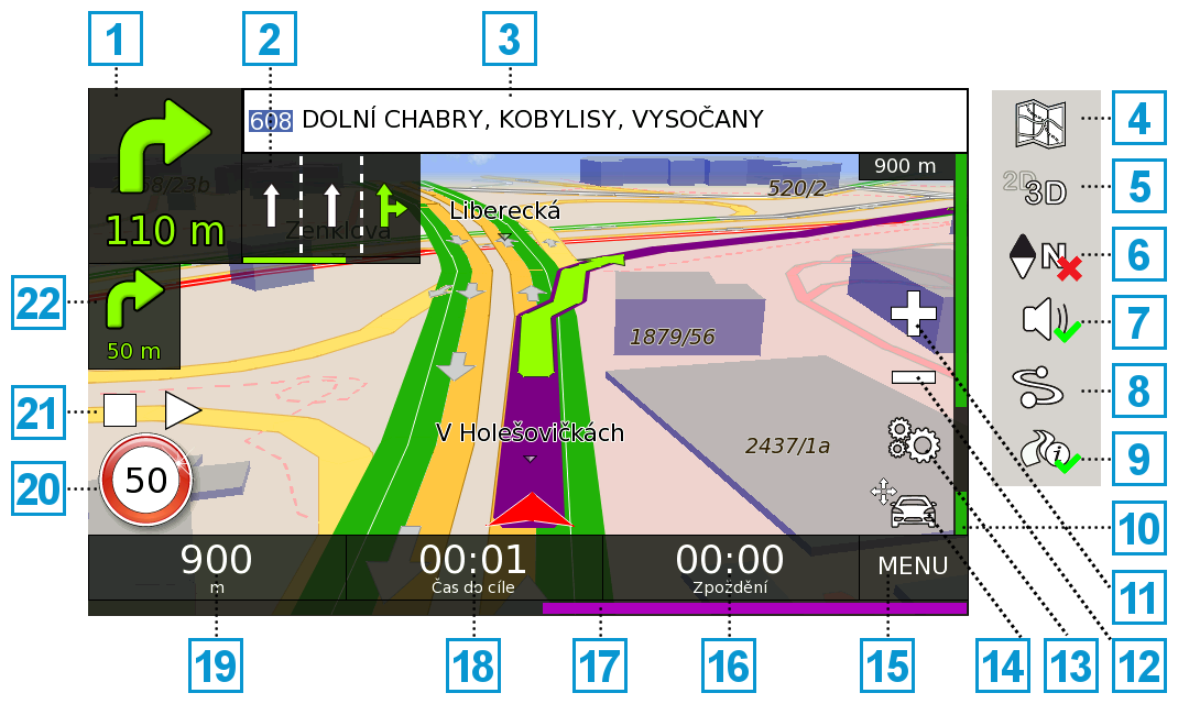 4.2. Úvodní obrazovka Po spuštění aplikace se zobrazí obrazovka s mapou: Aktuální manévr, vzdálenost do manévru. Po kliknutí otevře nabídku 1 Aktuální trasy. 2 Navigace mezi jízdními pruhy. 3 Návěstí.