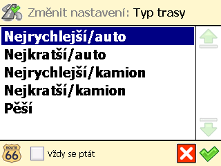 Typ trasy ❶ V nabídce Hlavní menu zvolte Změnit nastavení. ❷ Zvolte Typ trasy.