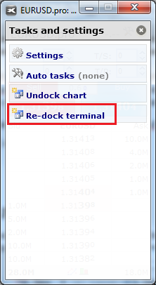 volbu Undock terminal, tak se toto okno terminálu odpojí od okna MetaTrader a můžete jej přesunout zcela mimo prostor MetaTraderu, například na další monitor.