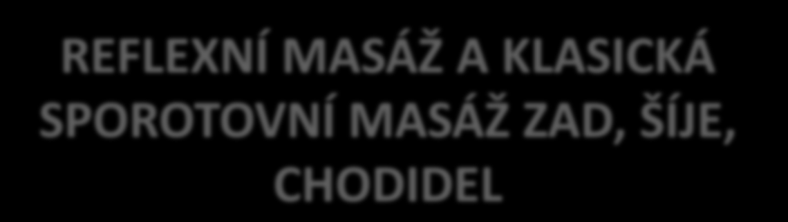 REFLEXNÍ MASÁŽ A KLASICKÁ SPOROTOVNÍ MASÁŽ ZAD, ŠÍJE, CHODIDEL Reflexní terapií lze výrazně ovlivnit činnost imunitního systému, lymfatického systému, látkové výměny, zmírnit či odstranit bolesti zad