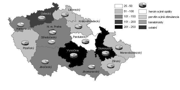 mapa 5-2: Počet všech žádostí o léčbu podle typů drog v krajích ČR v r. 2012 na 100 tis.