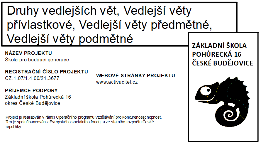 AUTOR: Mgr. Vlasta Hrádelová ŠKOLA: ZŠ Pohůrecká 16, České Budějovice PŘEDMĚT: Český jazyk VY_32_INOVACE_ČJ.7.47 DATUM: 10.