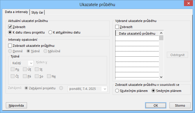 7 Sledování průběhu 135 OBR. 7-7: UKAZATELE PRŮBĚHU Do diagramu se doplnila svislá červená čára vedoucí většinou shodně s datem stavu projektu.