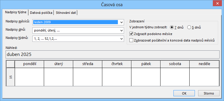 8 Zobrazení 166 OBR. 8-17: DIALOGOVÉ OKNO ČASOVÁ OSA PRO KALENDÁŘ Mřížka Styl textu a pruhů Oproti výchozímu nastavení: Doplníme nadpisy týdnů, které se zobrazí na začátku řádku týdne.