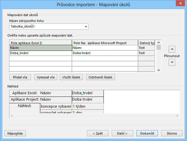 2 Projekty 42 Enc-02-04 V šestém okně klikneme do tlačítka Uložit mapování a mapování, tj. přiřazení sloupců tabulky Excel polím úkolů, uložíme pod názvem Mapování tabulky exportu úkolů 2.