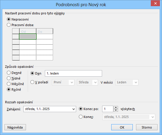 3 Kalendáře 59 OBR. 3-10: DIALOGOVÉ OKNO PODROBNOSTI PRO NOVÝ ROK Vybereme Způsob opakování Ročně. Do pole Den zapíšeme 1. leden. Rozsah opakování ponecháme pro náš projekt na 1 výskyt.