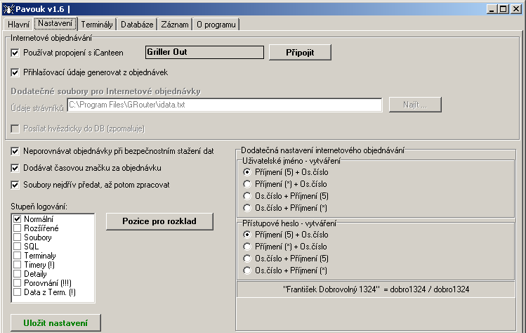 PAVOUK program pro synchronizaci dat Modul icanteen se standardně dodává ve verzi, která spolupracuje s ON-LINE terminály.