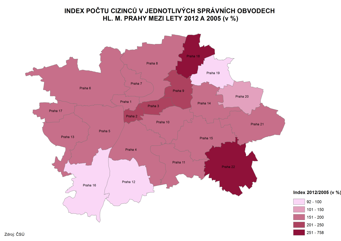 Kartogram č. 2 Praha 18 zaznamenala během hodnocených sedmi let zvýšení téměř na osminásobek původního počtu, v případě Prahy 22 to byl více než trojnásobek.