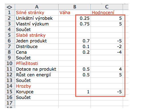 Vyplněná tabulka SWOT