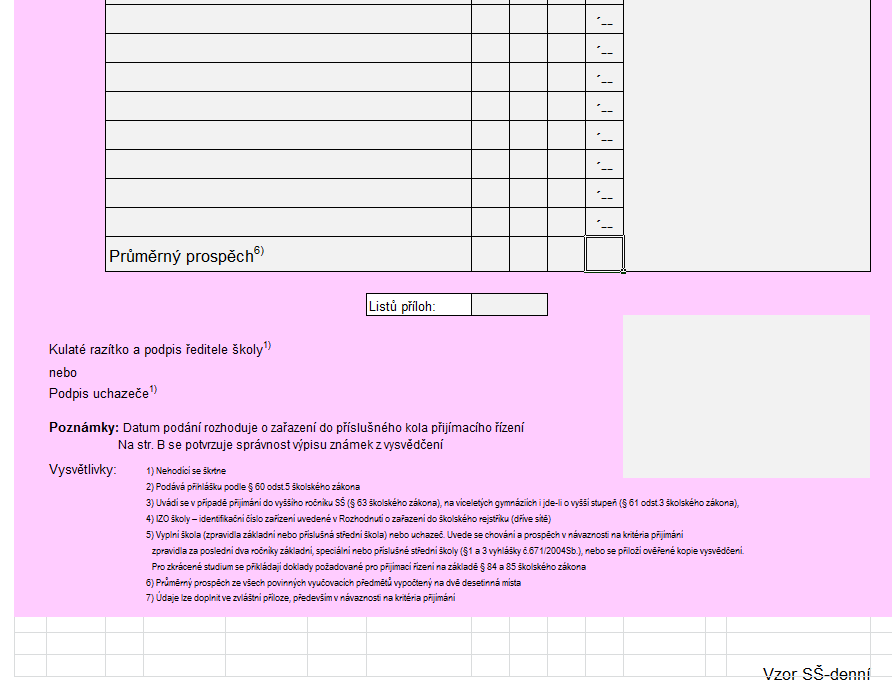 formulář přihlášky Druhá strana vyplnit všechny známky (4. i 5.