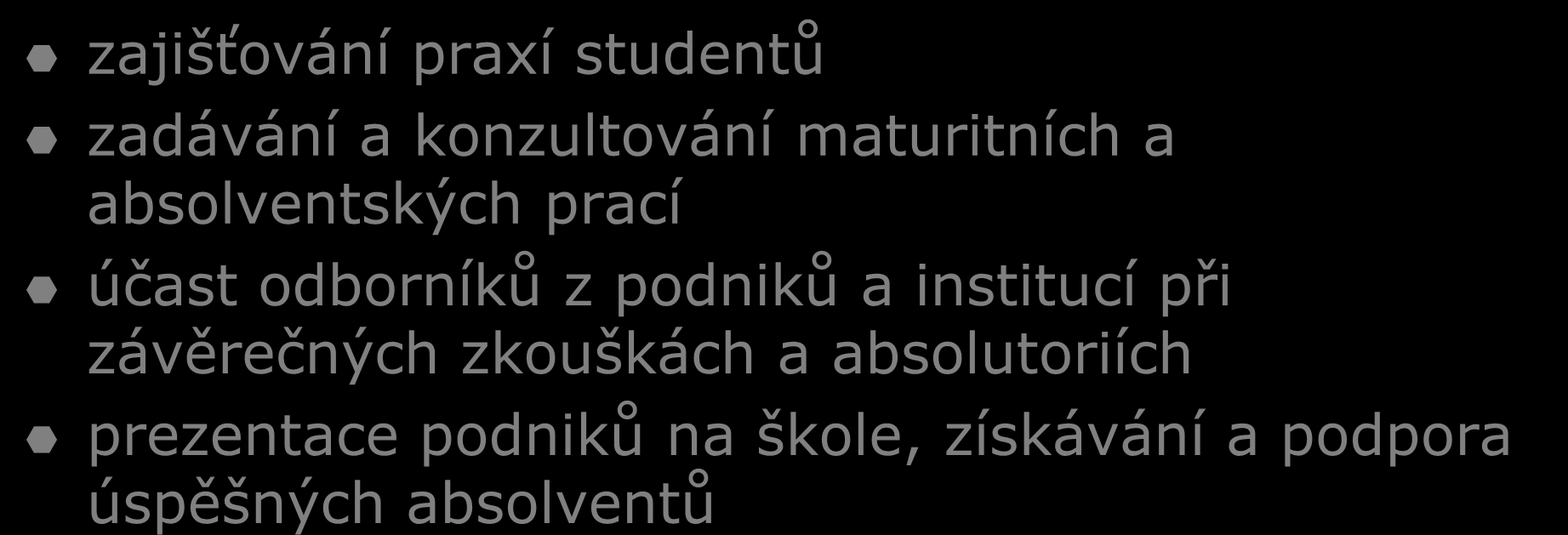 Oblasti spolupráce s podniky zajišťování praxí studentů zadávání a konzultování maturitních a absolventských prací účast odborníků