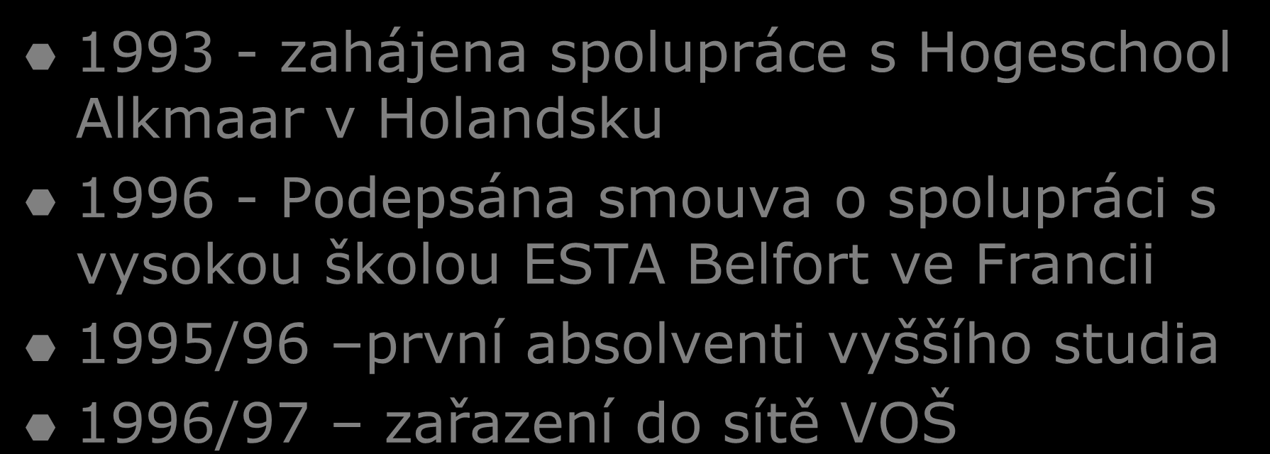 Z historie VOŠ 1993 - zahájena spolupráce s Hogeschool Alkmaar v Holandsku 1996 - Podepsána smouva o