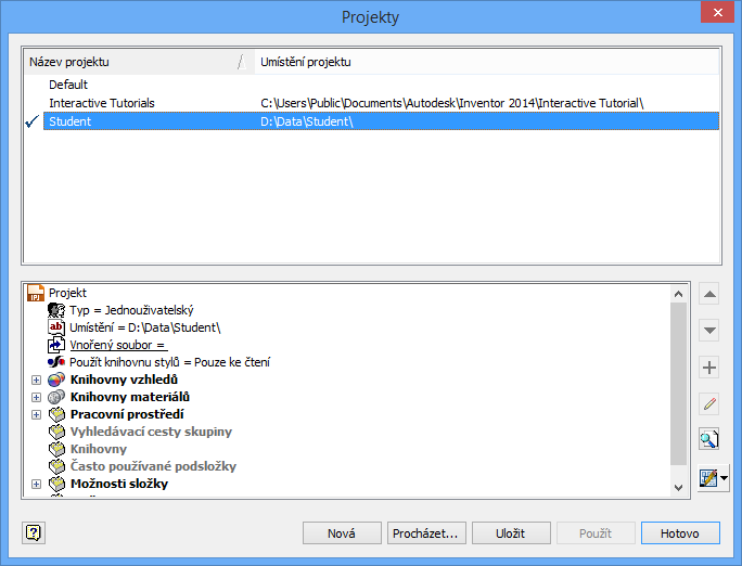 Poznámka: V Inventoru doporučuji každému žákovi před započetím práce založit takzvaný projekt. Zjednodušeně řečeno, projekt = adresář na data.