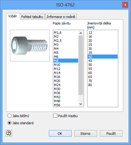 Dostaneme dialogový panel, kde nalezneme požadovaný šroub M8 40 ISO 4762 (Imbus šroub).