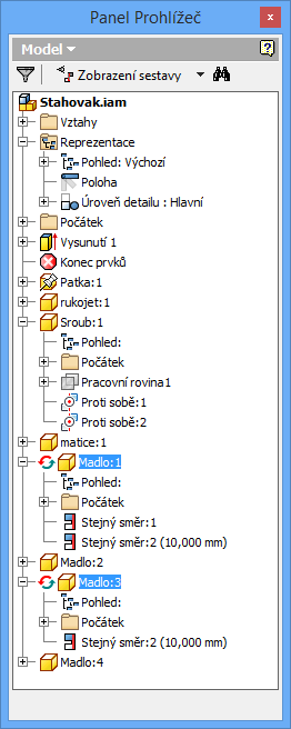 Všimneme si, že u madla je v prohlížeči značka adaptivity. To znamená, že nějaké rozměry madla jsou odvozeny z jiné součásti.