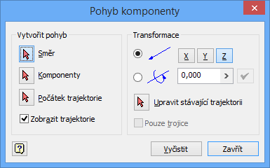 Příkazem pohyb komponent zadáváme jednotlivé pohyby bez ohledu na vazby sestavy.