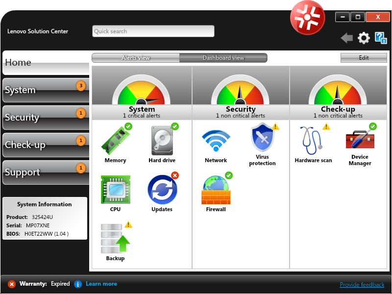 2 Zobrazení "přístrojové desky" (Dashboard) Zobrazení je možné nahoře přepínat do dvou režimů: zobrazení výstrah (Alerts) (1), kdy se