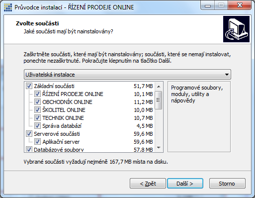 Volba součástí Tento krok průvodce instalací nabízí možnost zvolit, jaké součásti budou do počítače, konkrétně do vámi zvolené složky, instalovány.