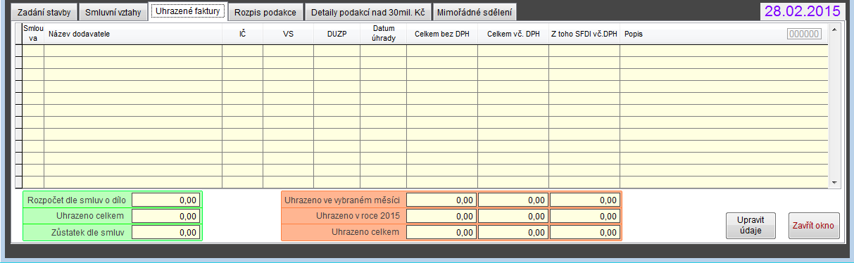 Do této záložky vloží příjemce údaje ze všech smluv, které se této akce týkají, tj. smlouva na realizaci stavebních prací, smlouva na autorský dozor, technický dozor, BOZP apod.