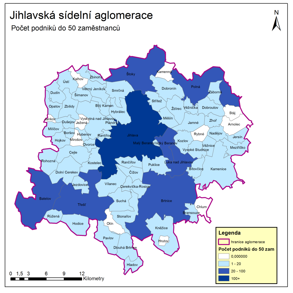 Podniky střední velikosti jsou již rozloženy rovnoměrněji s koncentrací do největších sídel aglomerace (Třešť, Kostelec, Jihlava, Polná).