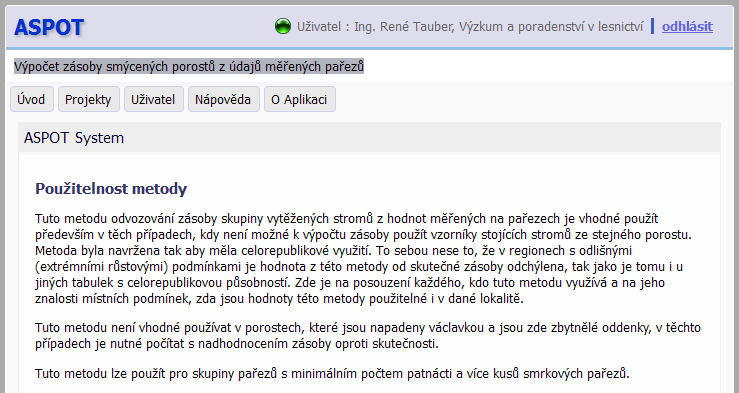 Úvodní okno aplikace Při spuštění aplikace se zobrazí popis metodických přístupů, použitelnost metodiky a definici algoritmu algoritmy výpočtů.