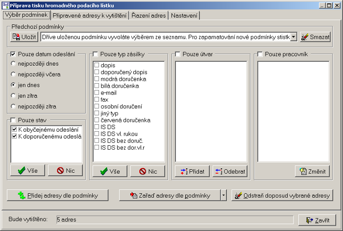 Obr. 5: Příprava tisku hromadného podacího lístku Jak je z obrázku patrné, můžeme při tisku hromadného podacího lístku omezit seznam