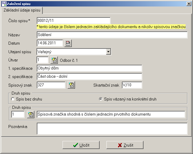 Obr. 16: Založení spisu Po uložení formuláře se založí spis a dojde k přidělení spisové značky. Spisová značka musí jednoznačně označovat spis a zůstává stejná po celou dobu vedení řízení.